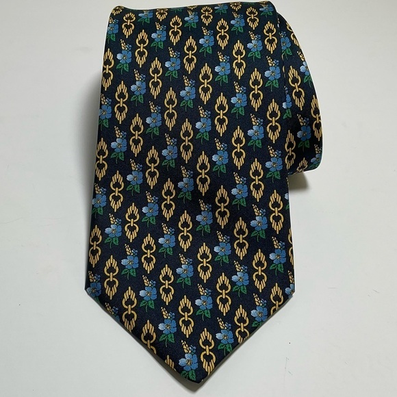 Vintage Silk Tie Hawaiian Flower Print Navy Blue Yellow Harvey Ashton - Picture 2 of 9